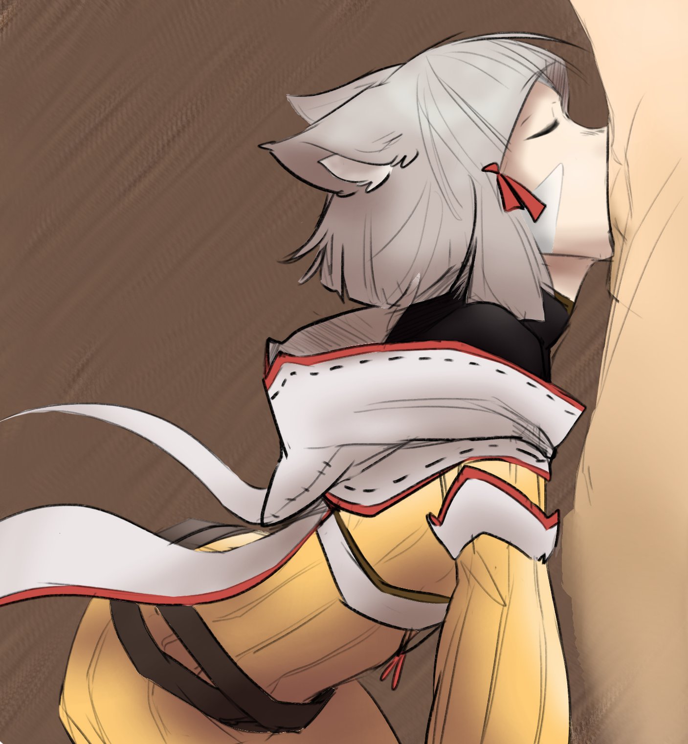 1boy, 1girls, balls, balls deep, balls deep fellatio, cat ears, cat girl, catgirl, closed eyes, clothed, clothed female, clothed female nude male, deepthroat, fellatio, female, grey hair, jumpsuit, kemonomimi, kneeling, kneeling oral position, male, nia, oral, oral sex, penis, penis in mouth, short hair, xenoblade (series), xenoblade chronicles 2