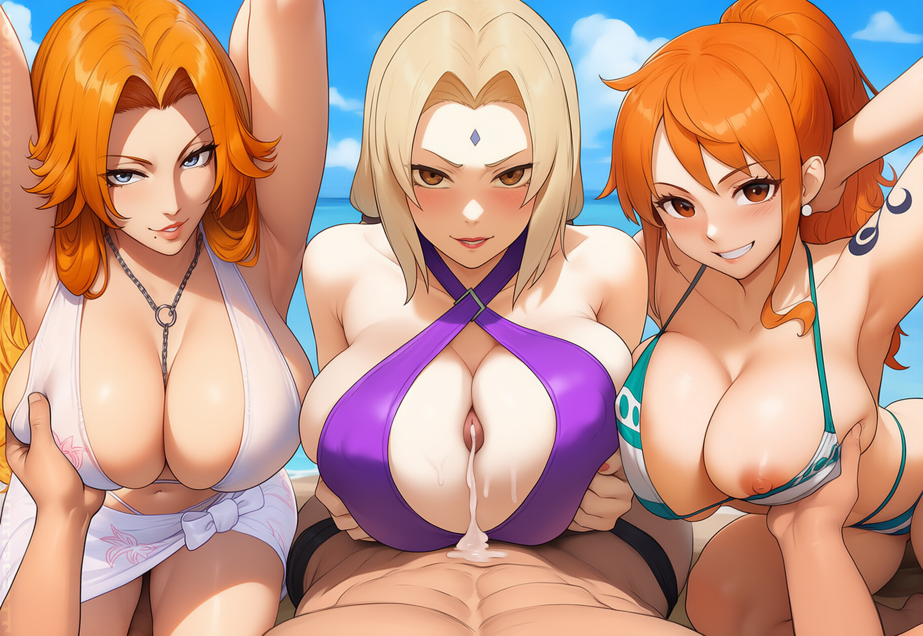 1boy, 3girls, ai generated, arm tattoo, beach, bikini, bleach, blonde hair, blue tattoo, breasts, female, grabbing another's breast, large breasts, male, matsumoto rangiku, nami (one piece), naruto (series), one piece, orange hair, orange-haired female, paizuri, penis, penis between breasts, ponytail, pov, public, squeezing breast, swimsuit, tattoo, titjob, tittyg-ai, tsunade