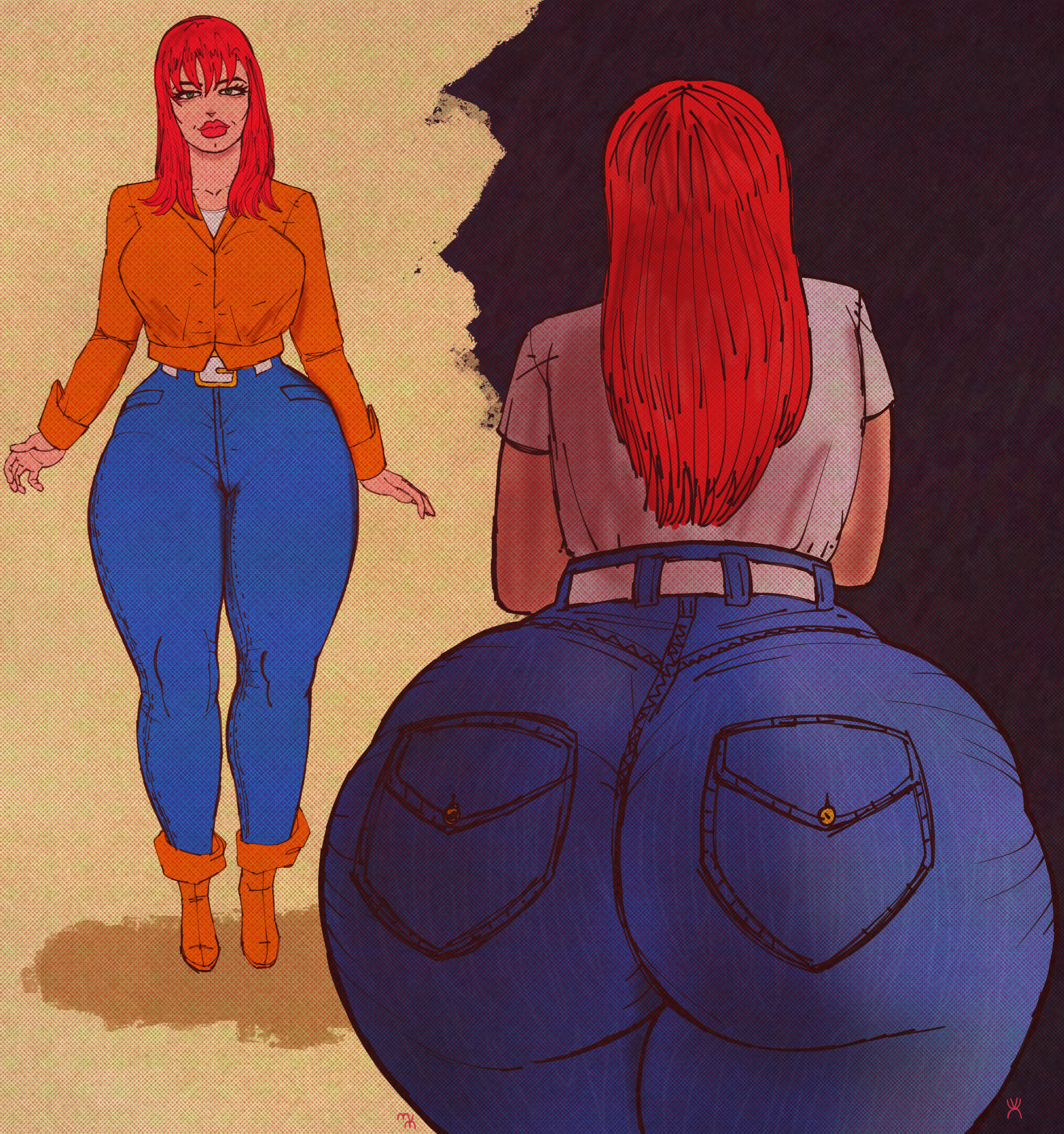 1girl, 1girls, 2girls, ass, ass focus, back pockets, big ass, big breasts, big butt, blue jeans, boots, breasts, butt, butt focus, close-up, female, gigantic ass, high heel boots, high heels, jeans, marvel, marvel classic era, marvel comics, mary jane watson, masochistmaverick, massive ass, red hair, spider-man (series), tucked shirt