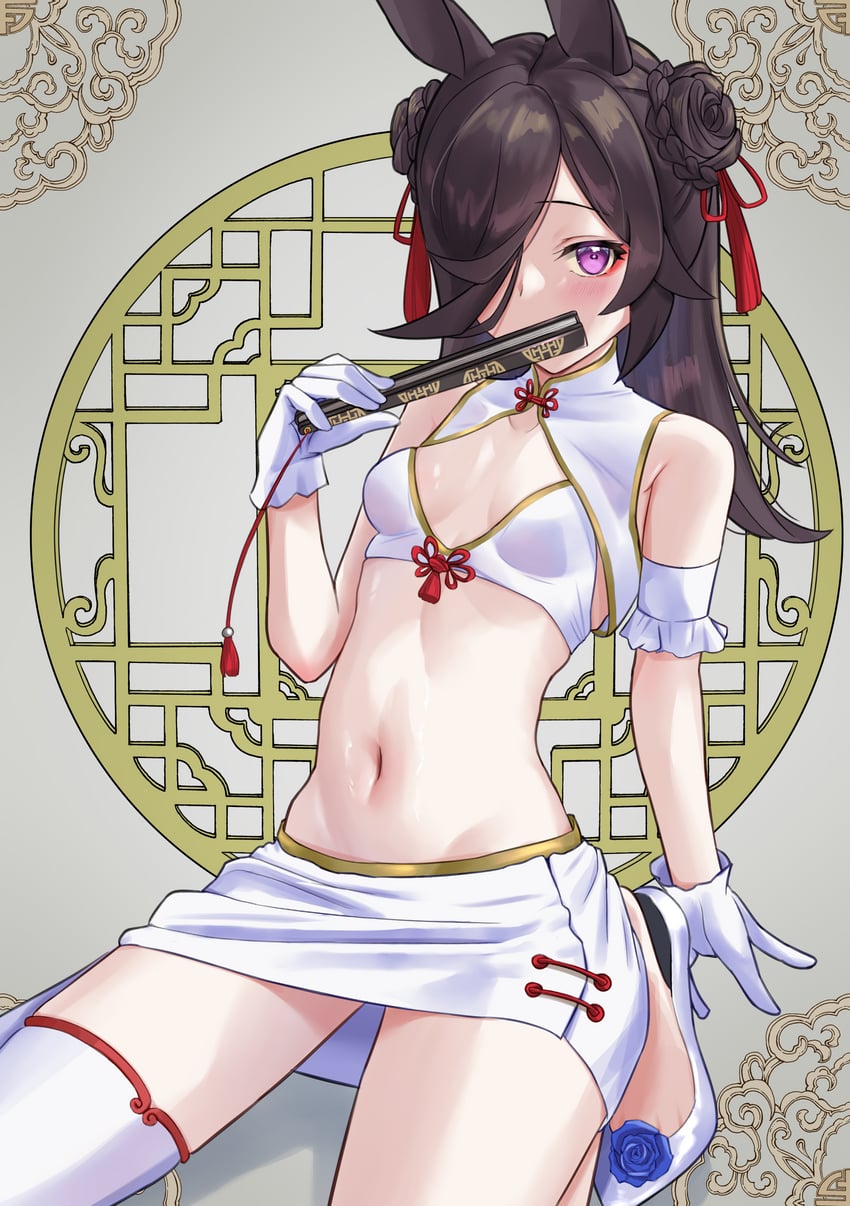 black hair, breasts, female, petite, purple eyes, qipao, rice shower (umamusume), small breasts, umamusume