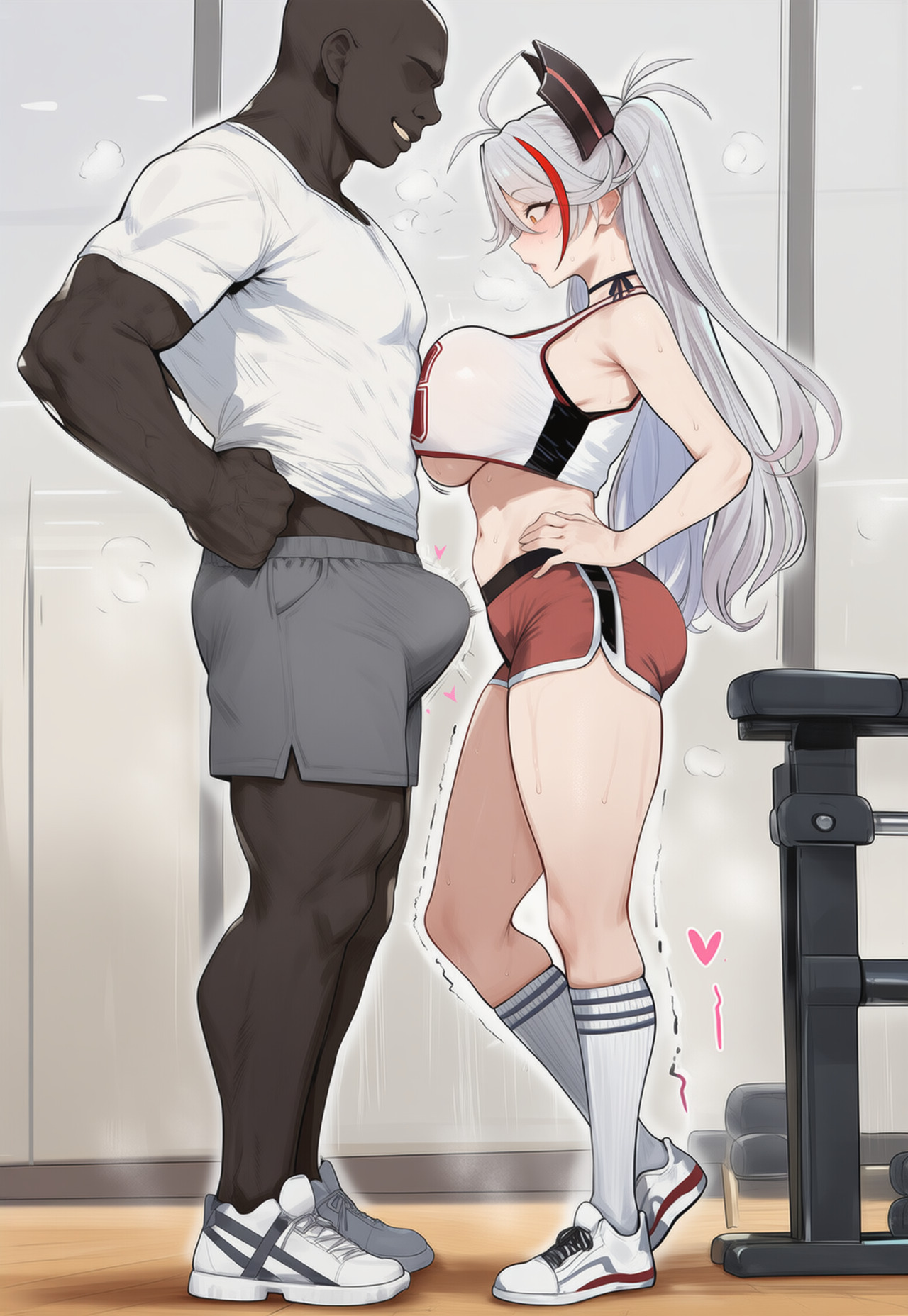 1boy, 1girls, ai generated, amber eyes, azur lane, big breasts, breasts, bulge, bulge through clothing, dark-skinned male, female, female focus, hips, huge breasts, large breasts, light-skinned female, male, navel, prinz eugen (azur lane), sports bra, surprised expression, twintails, white hair