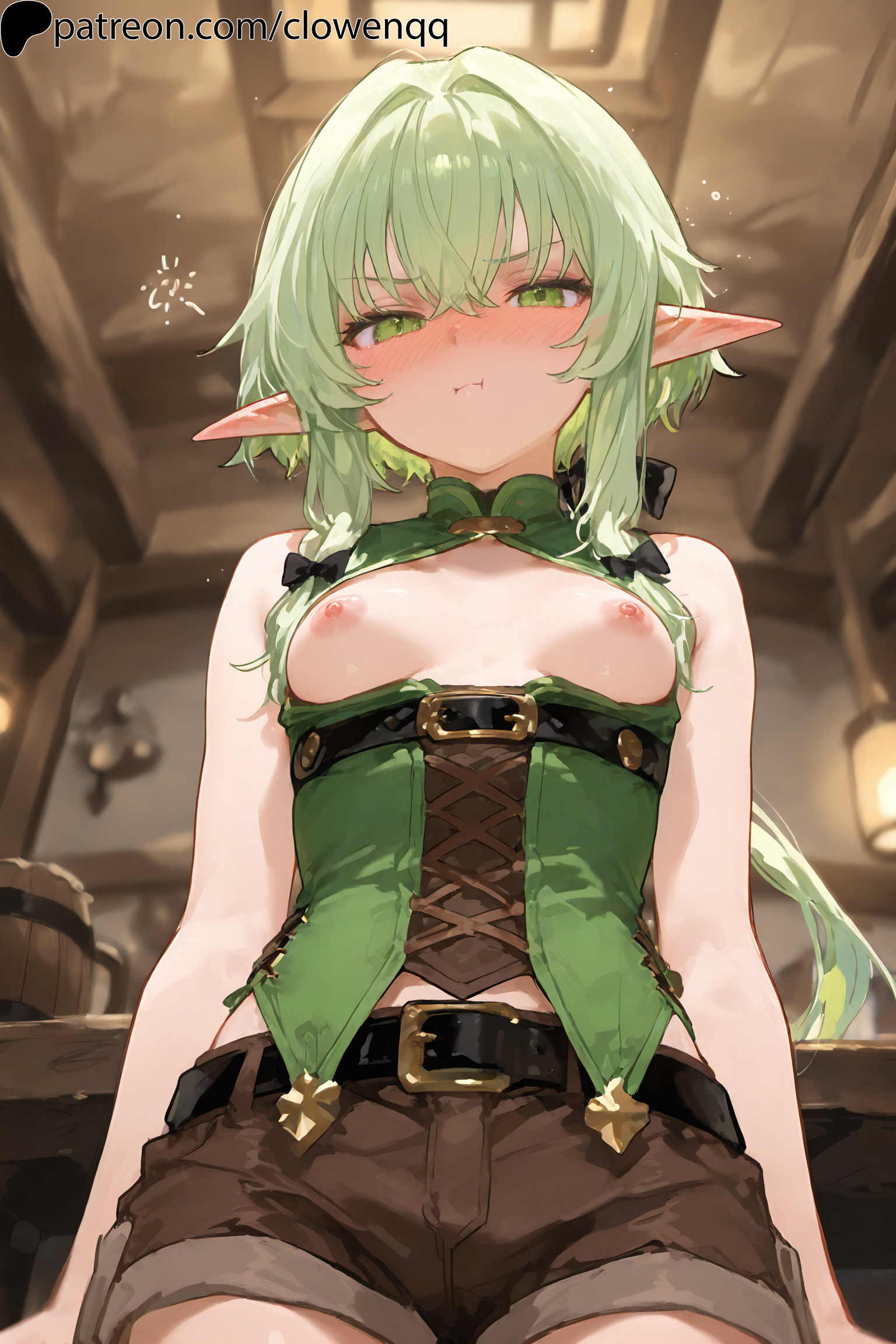 1girls, ai generated, areolae, blush, breasts, clowenqq, elf, elf ears, elf female, elf girl, exposed breasts, female, female focus, female only, from below, goblin slayer, green eyes, green hair, high elf archer (goblin slayer), indoors, looking at viewer, looking down, nipples, no bra, pointy ears, sidelocks, small breasts, solo, solo female, solo focus, standing