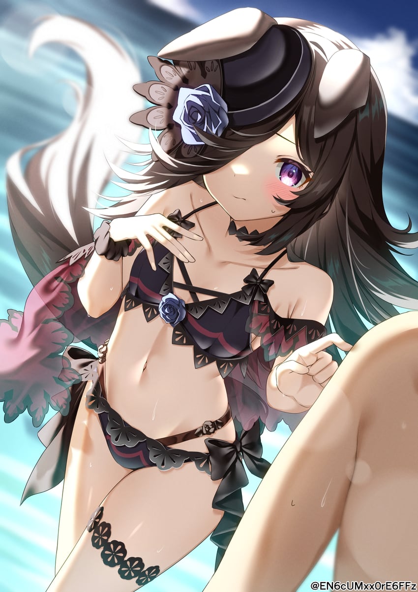 beach, bikini, black hair, breasts, female, hair over one eye, petite, purple eyes, rice shower (umamusume), small breasts, umamusume