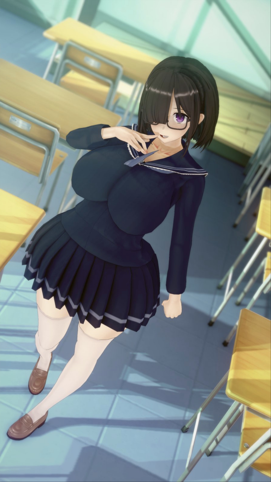 bangs big_breasts black_hair classroom curvy cute cute_face happy koikatsu kuchinashi_rin purple purple_eyes school school_uniform schoolgirl short short_hair white_socks white_stockings