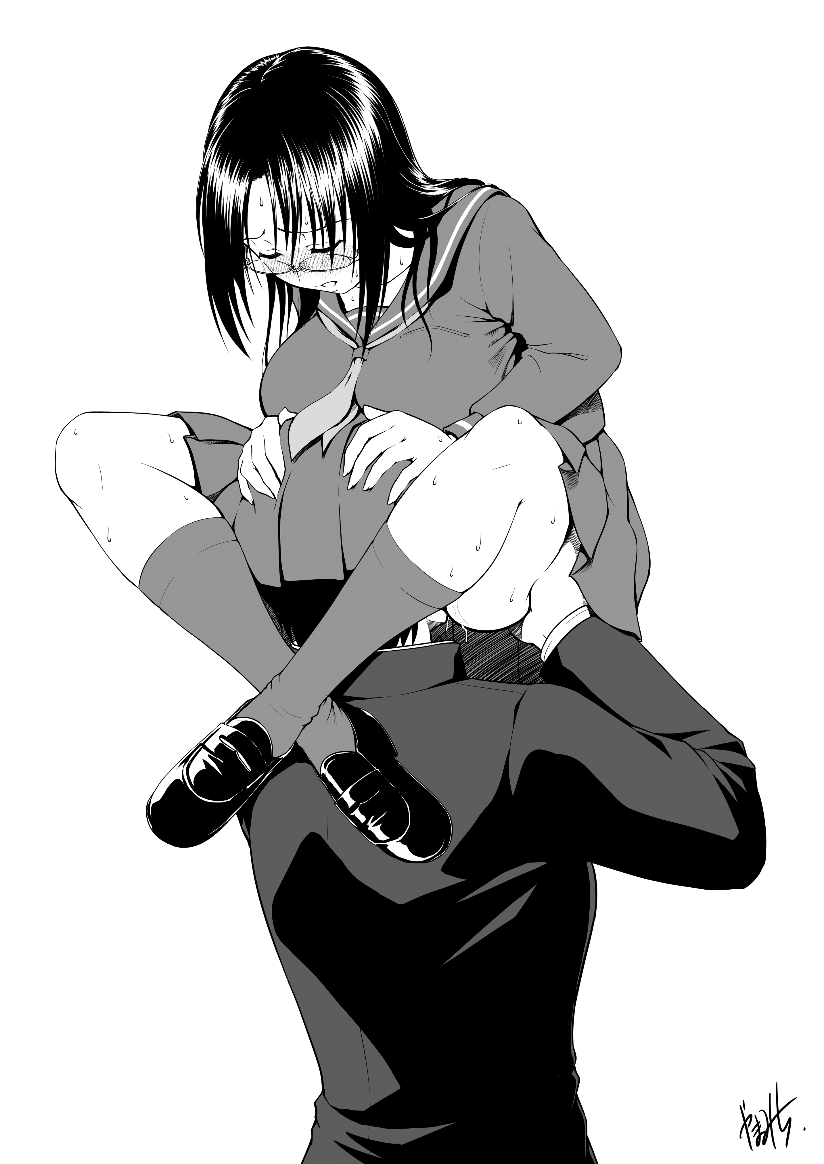 1boy, 1girls, blush, breasts, carrying, carrying partner, clothed, clothes, cunnilingus, cunnilingus in skirt, cunnilingus while carrying, female, glasses, head under skirt, high resolution, kneehighs, large breasts, leg lock, loafers, long hair, male, monochrome, oral, original, pussy, pussy juice, school uniform, serafuku, shoes, skirt, stand and carry position, standing, sweat, yama-michi