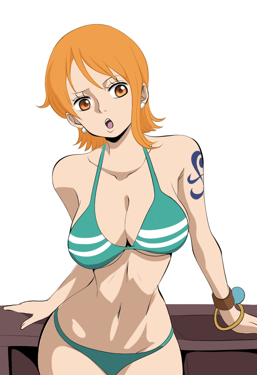 1girls, 2d, arm tattoo, artist name, big breasts, bikini, bikini bottom, blue tattoo, breasts, color, colored, digital media (artwork), female, female only, highres, huge breasts, large hips, looking away, nami (one piece), one piece, orange eyes, orange hair, orange-haired female, pre-timeskip, seductive, sexy, short hair, solo, tattoo, white background, yoonsmr