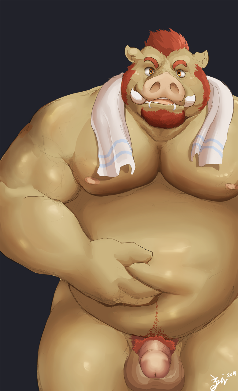 2014 amber_eyes balls beard belly biceps bin boar chubby drooling facial_hair furry hair looking_at_viewer male male_only muscles no_humans overweight pecs penis porcine pubes red_hair saliva solo thick_penis towel tusks