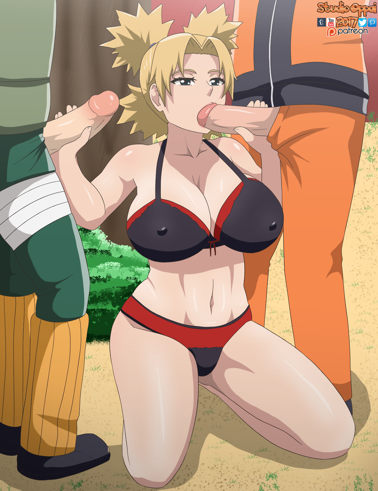 bikini, blonde hair, clothing, double penetration, fellatio, female, green eyes, handjob, lingerie, male, naruto, naruto (series), oral, partial male, rock lee, studio oppai, temari, uzumaki naruto