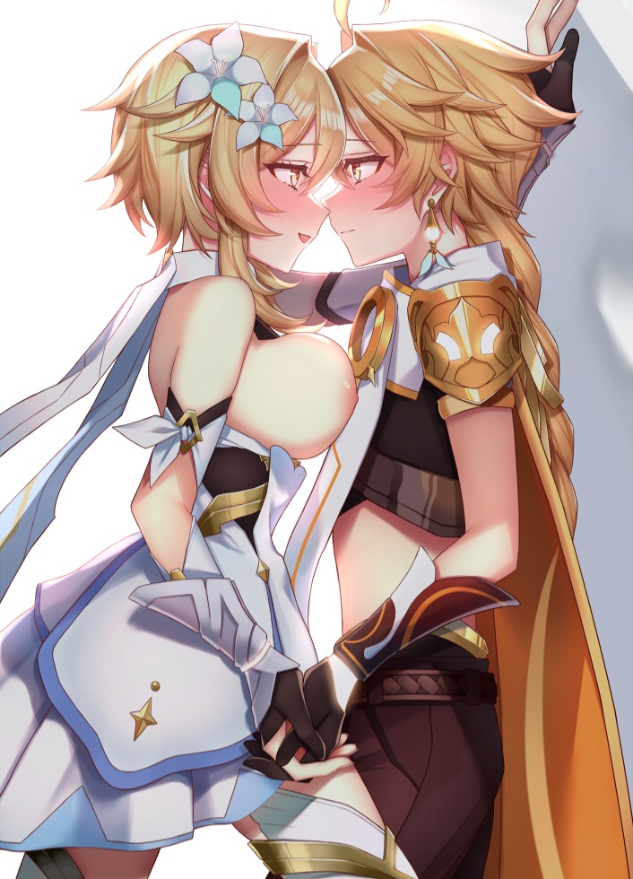 1boy, 1girls, aether (genshin impact), blonde hair, blushing, blushing at partner, blushing profusely, breast press, breasts, breasts out, brother and sister, earring, embarrassed, eye contact, female, femdom, genshin impact, hair ornament, holding hands, hoyoverse, imminent kiss, imminent sex, incest, lumine (genshin impact), male, male/female, mihoyo, mostly clothed female, questionable consent, siblings, smile, spread legs, straight, tagme, topless female, twincest, twins
