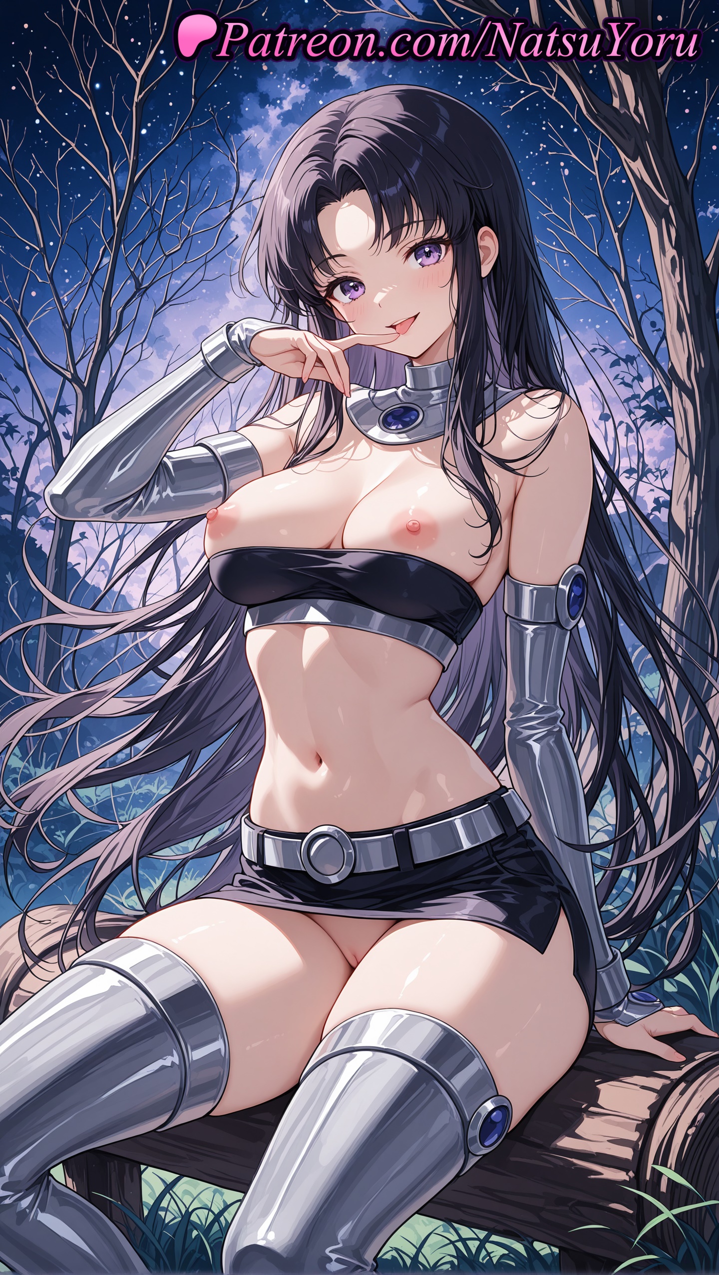 1girls, 2025, ai generated, bangs, bare shoulders, belt, black hair, black skirt, blackfire, breasts, crop top, dc, dc comics, detached sleeves, female, female only, hi res, highres, komand'r, long hair, looking at viewer, microskirt, miniskirt, natsuyoru, navel, night, nipples, no panties, outdoors, parted bangs, patreon, purple eyes, pussy, sitting, skirt, sky, smile, solo, stomach, strapless, teen titans, thighhighs, tongue, tongue out, tree, tube top, very long hair, voluptuous, voluptuous female, warner brothers