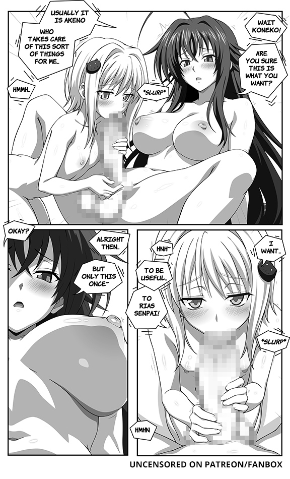 2girls, balls, blue-senpai, blush, breasts, censored, comic, english text, fellatio, female, futa with female, futanari, greyscale, hair ornament, half-closed eyes, handjob, high school dxd, intersex, koneko toujou, large breasts, long hair, monochrome, mosaic censoring, multiple females, multiple girls, nipples, open mouth, oral, penis, rias gremory, short hair, small breasts, spread legs, testicles