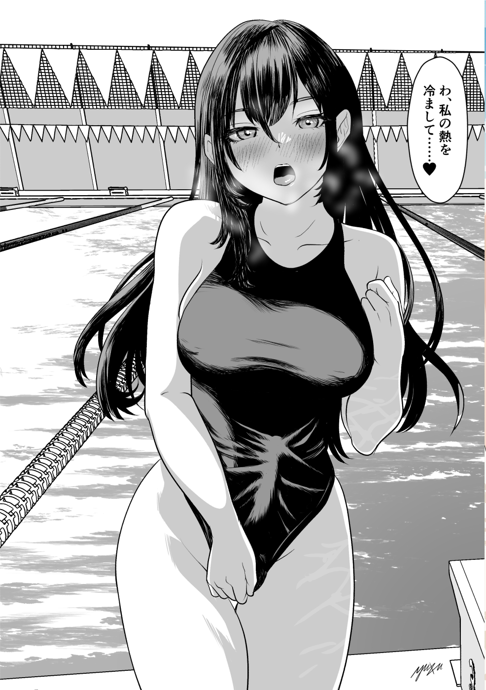 1futa, big breasts, blush, breasts, bulge, bulge through clothing, futa only, futanari, intersex, long hair, one-piece swimsuit, open mouth, penis, penis outline, pool, solo, solo futa, swimsuit, yuzuru yuzu2024