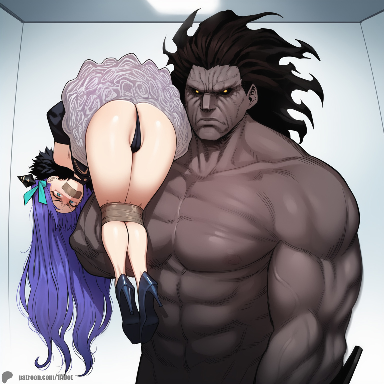 1-a dot, ai generated, annoyed, black dress, black footwear, black hair, blue eyes, breasts, chaldea (fate), dark-skinned male, fate (series), fate/grand order, female, hair, heracles (fate), imminent rape, kidnapped, lifting person, light skin, light-skinned female, male, medium breasts, mouth tape, muscular, muscular male, patreon username, purple hair, rape, space ereshkigal (fate), straight, thick ass, thick thighs