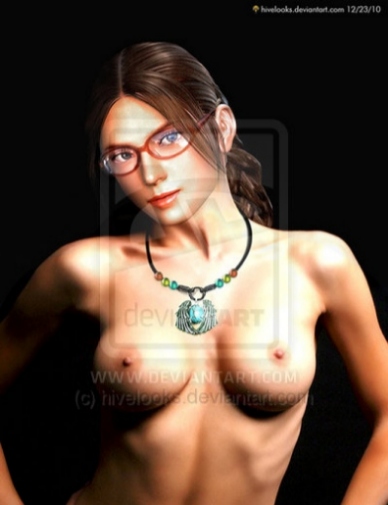 3d blue_eyes blurry braid breasts brown_hair depth_of_field female glasses jewelry lips looking_at_viewer navel necklace nipples nose realistic small_breasts solo upper_body
