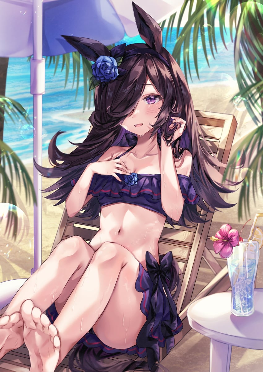 bikini, black hair, breasts, feet, female, petite, purple eyes, rice shower (umamusume), small breasts, umamusume