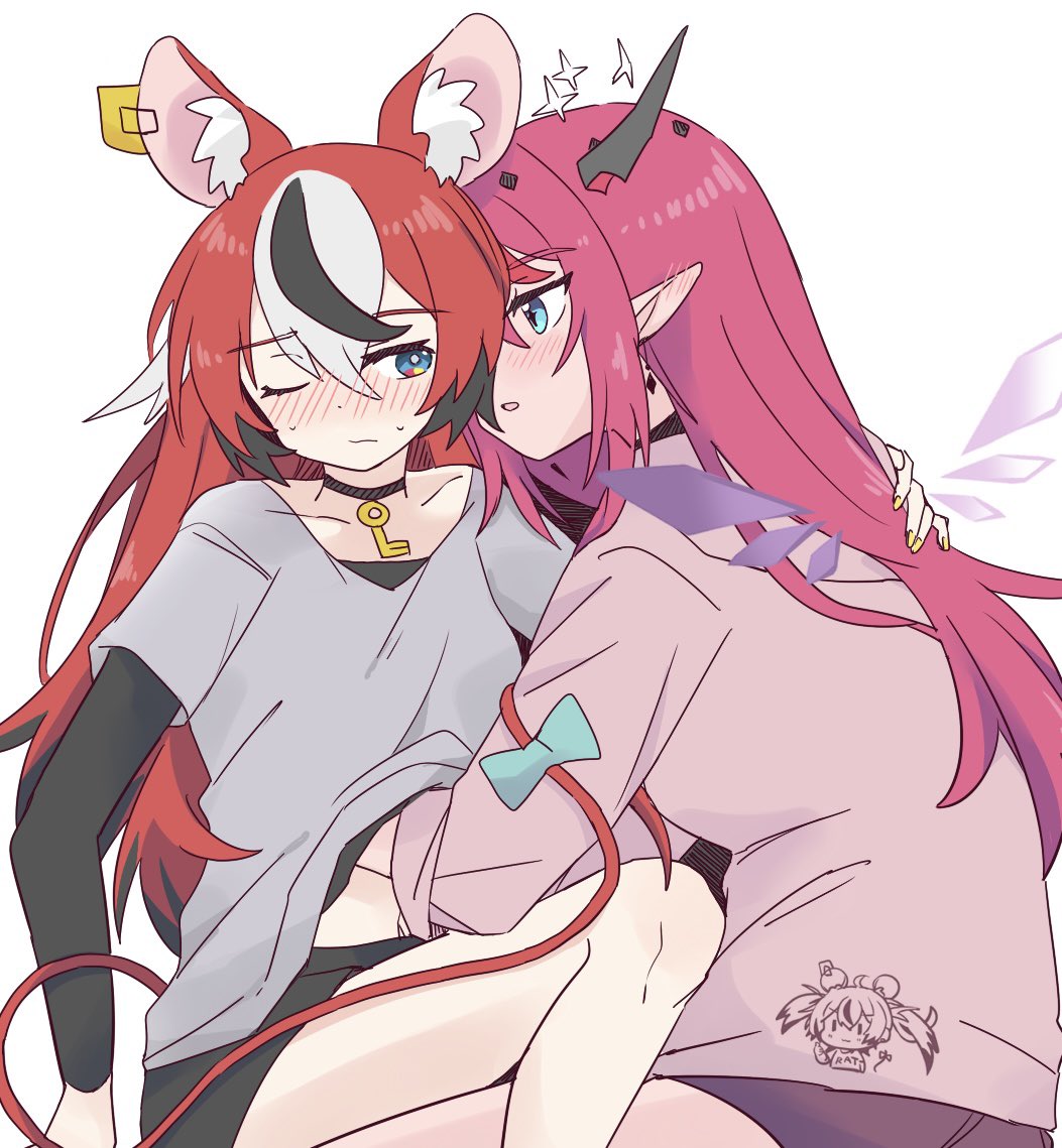 animal ears, blush, clothed, female, hakos baelz, hololive, hololive english, hololive english -council-, hololive english -promise-, horns, irys, irys (hololive), rat ears, rat tail, suggestive, teasing, tolihosi, virtual youtuber, whispering, yuri