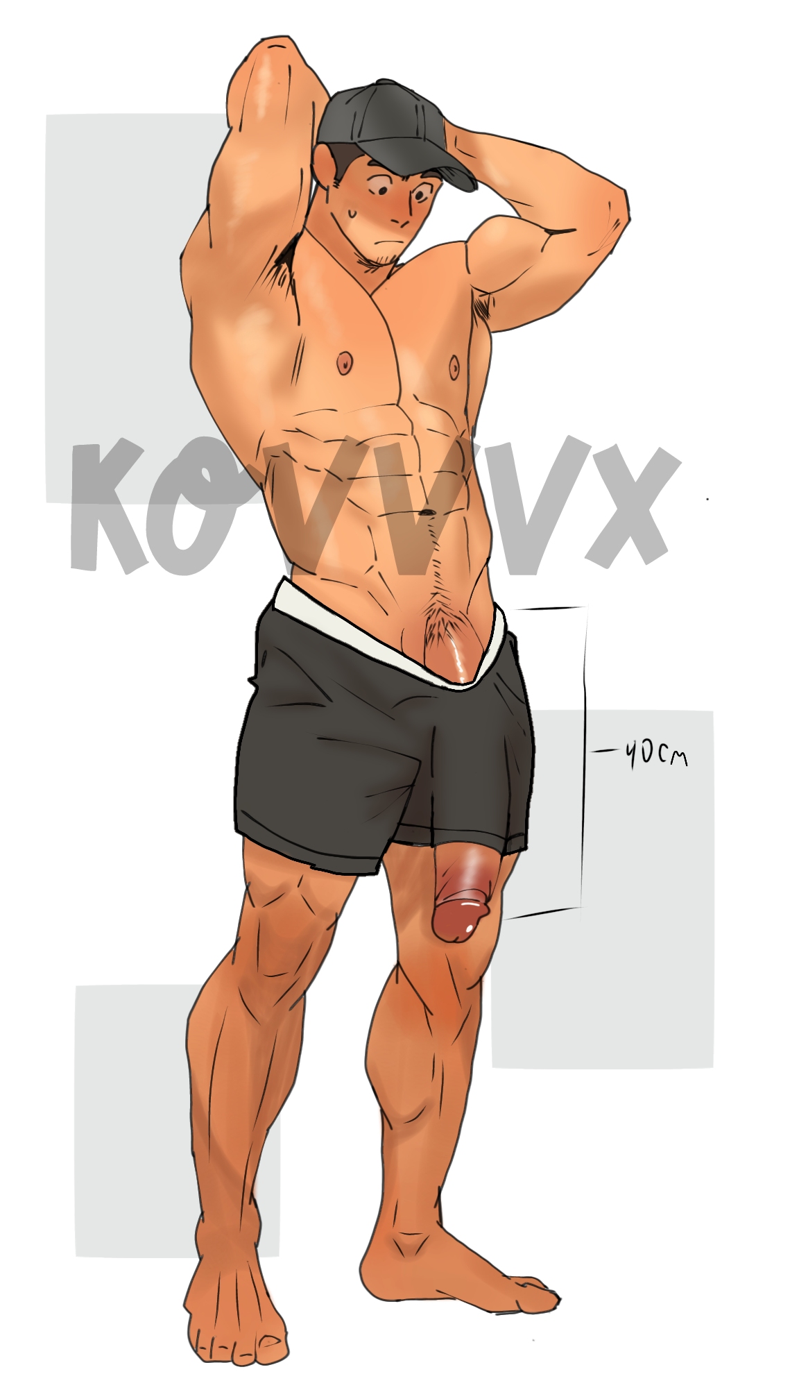 1boy, 40cm, big penis, huge cock, kovvvx, long penis, male, mane hair, oh my god, penis, short hair, shorts, solo, surprised, upset