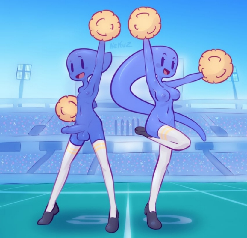 1boy 1girl aqua_(nekuzx) balls blue_hair blue_skin blue_sky both_sexes_in_same_situation breasts brother_(lore) brother_and_sister_(lore) cheering cheerleader elemental_creature erection exhibitionism femboy football_field hidro_(nekuzx) humanoid long_hair monster_girl mostly_nude navel nekuzx nipples nude otoko_no_ko otokonoko outdoors pom_poms ponytail public_nudity shoes sibling_(lore) sister_(lore) sky slime_girl smile stadium stadium_background stadium_lights standing thigh_socks thighhighs water_creature white_legwear