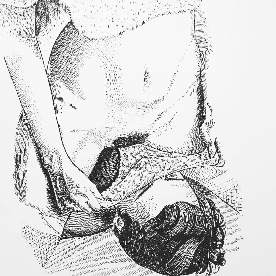 1boy chernyart commentary crosshatching english_commentary female female_pubic_hair fishnet_thighhighs fishnets greyscale hairy_pussy hatching_(texture) monochrome navel original panties panty_pull pubic_hair pulling_own_clothes sitting_on_face straight thighhighs underwear