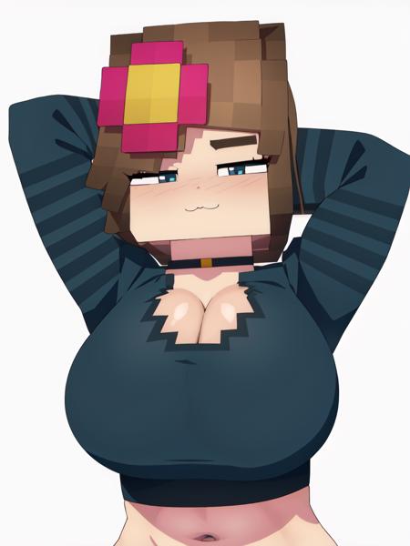 ai_generated arms_above_head arms_up bare_midriff bell_accessory big_breasts blue_eyes brown_hair cube_head cute cute_eyes cute_face cute_girl failing_no_nut_november female female_focus female_only flower flower_in_hair flower_on_head girl horny horny_face horny_female hot_girl hot_woman huge_breasts jenny_belle_(slipperyt) looking_at_viewer minecraft minecraft_xxx necklace neckwear seductive seductive_body seductive_eyes seductive_look seductive_pose seductive_smile sexy_woman standing standing_position striped_clothing stripes white_background