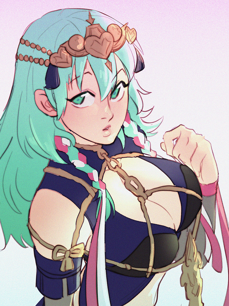 aqua_hair braid breasts byleth_(fire_emblem) byleth_(fire_emblem)_(female) cleavage clothing cosplay female fire_emblem fire_emblem:_fuukasetsugetsu fire_emblem:_three_houses fire_emblem_heroes green_eyes green_hair hair_ornament hair_ribbon kukumomo large_breasts long_hair looking_at_viewer parted_lips ribbon side_braid solo tiara tied_hair twin_braids upper_body