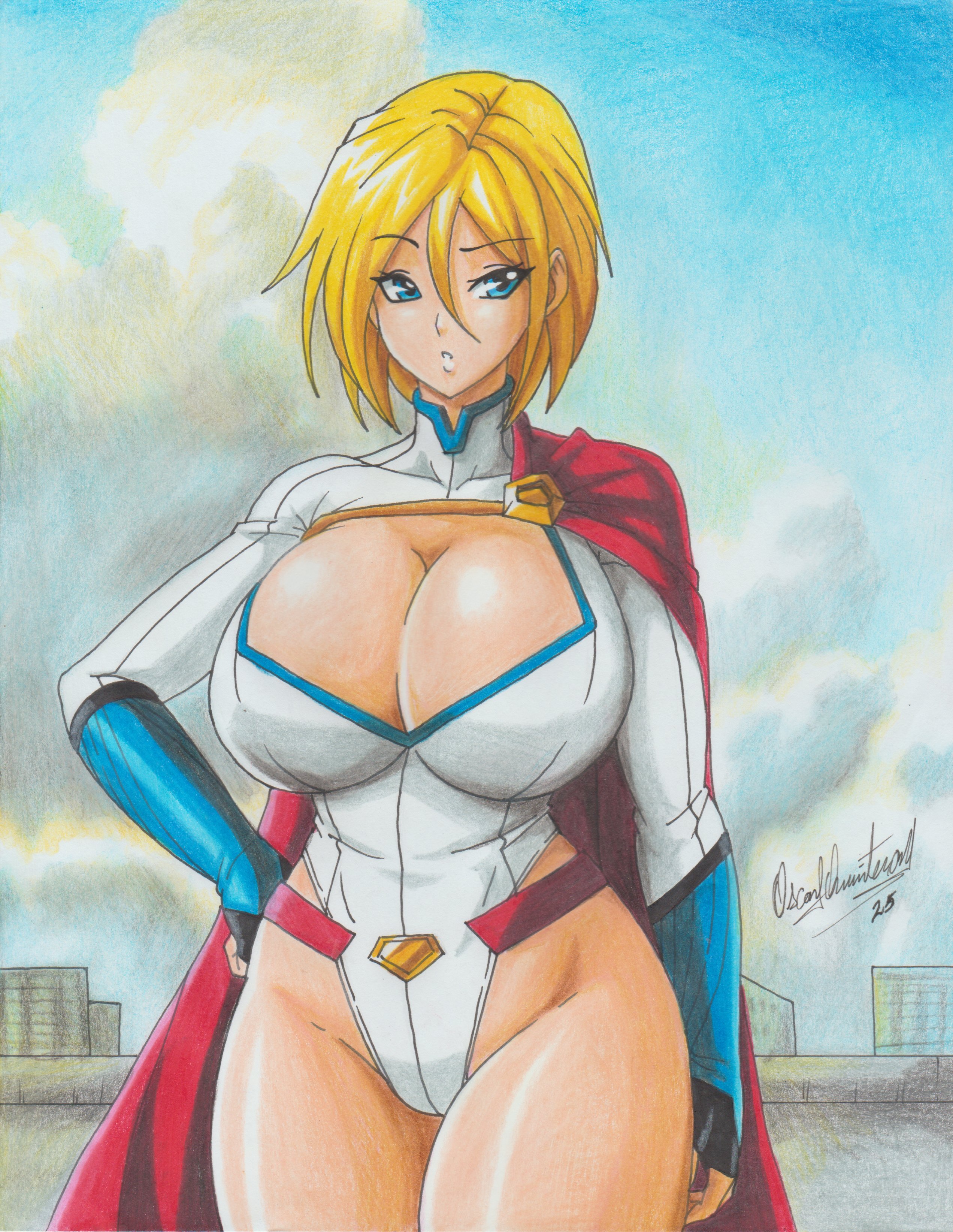 1girls, big breasts, big hips, blonde hair, blue eyes, blue gloves, bodysuit, breasts, cape, city background, cleavage, clothed, collarbone, curvaceous, dc, dc comics, enormous breasts, female, female focus, gold buckle, hero outfit, hourglass figure, huge breasts, looking at viewer, massive breasts, muscles, muscular female, navel, power girl, ravern clouk, ravernclouk, red belt, red cape, short hair, solo, standing, superheroine, superman (series), top heavy breasts, voluptuous, white suit, wings