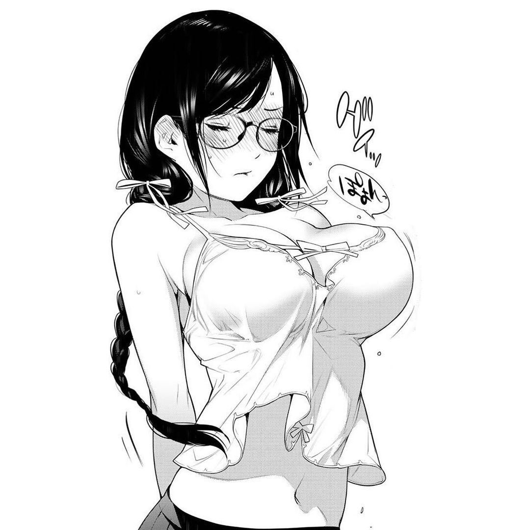 armpit_crease arms_behind_back babydoll bakemonogatari bare_shoulders blush bow braid breasts cleavage closed_eyes closed_mouth collarbone embarrassed female full-face_blush glasses greyscale hanekawa_tsubasa large_breasts long_hair monochrome monogatari_(series) navel nightgown oogure_ito parted_lips sidelocks skirt solo spaghetti_strap speech_bubble twin_braids upper_body white_babydoll