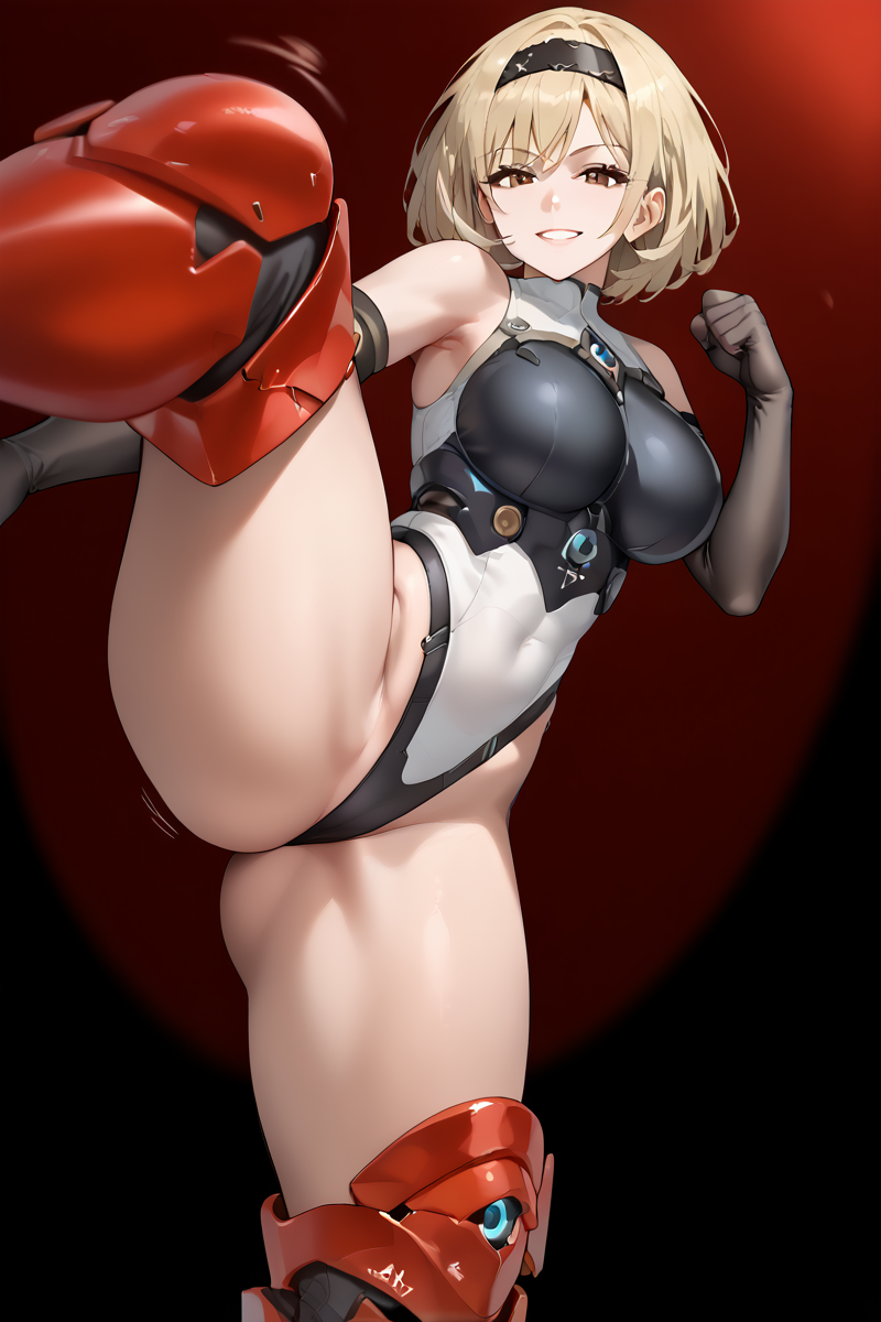 ai_generated ass ass_focus bare_shoulders big_breasts blonde_hair boots breasts brown_eyes elbow_gloves female from_behind gloves goddess_of_victory:_nikke jiggle kicking large_breasts leotard looking_at_viewer looking_back motion_lines red_shoes_(nikke) short_hair sideboob smile solo thick_thighs thigh_boots thong thong_leotard