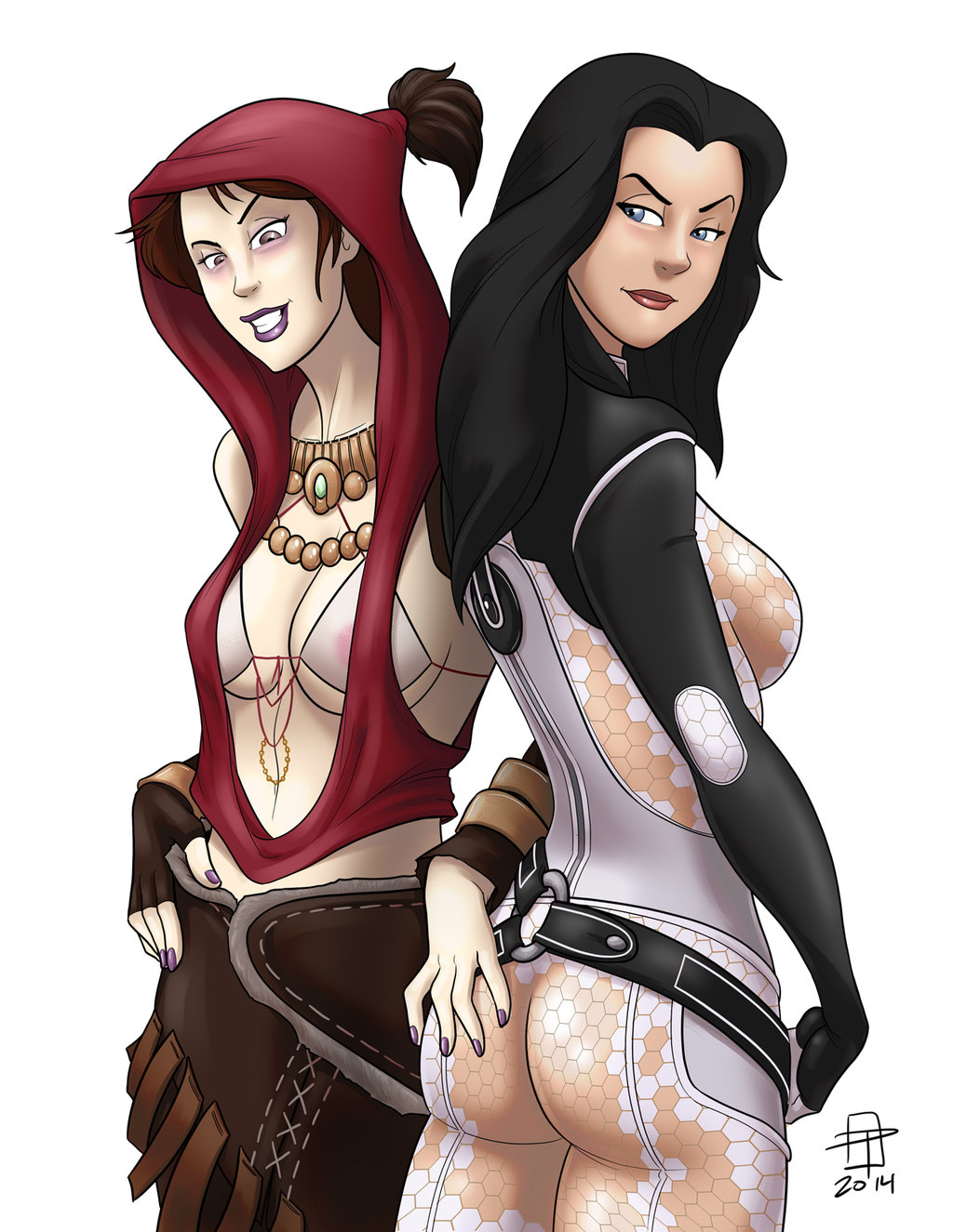 2014, 2d, 2girls, ass, ass grab, bioware, breasts, callmepo, cleavage, color, colored, crossover, dragon age, dragon age origins, female, female only, mass effect, mass effect 2, miranda lawson, morrigan (dragon age), multiple females, multiple girls, see-through, see-through bra, see-through clothing, sheer, sideboob, skin tight, video games, yuri