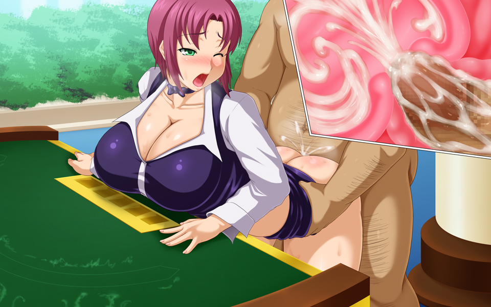 ass bent_over blush breasts censored cleavage clothing cum cum_in_pussy cum_in_uterus cum_inside fat_man female from_behind green_eyes huge_breasts internal_cumshot male open_mouth penetration penis purple_hair rio_rollins sex short_hair skirt skirt_lift super_blackjack tomite uterus vaginal_penetration x-ray