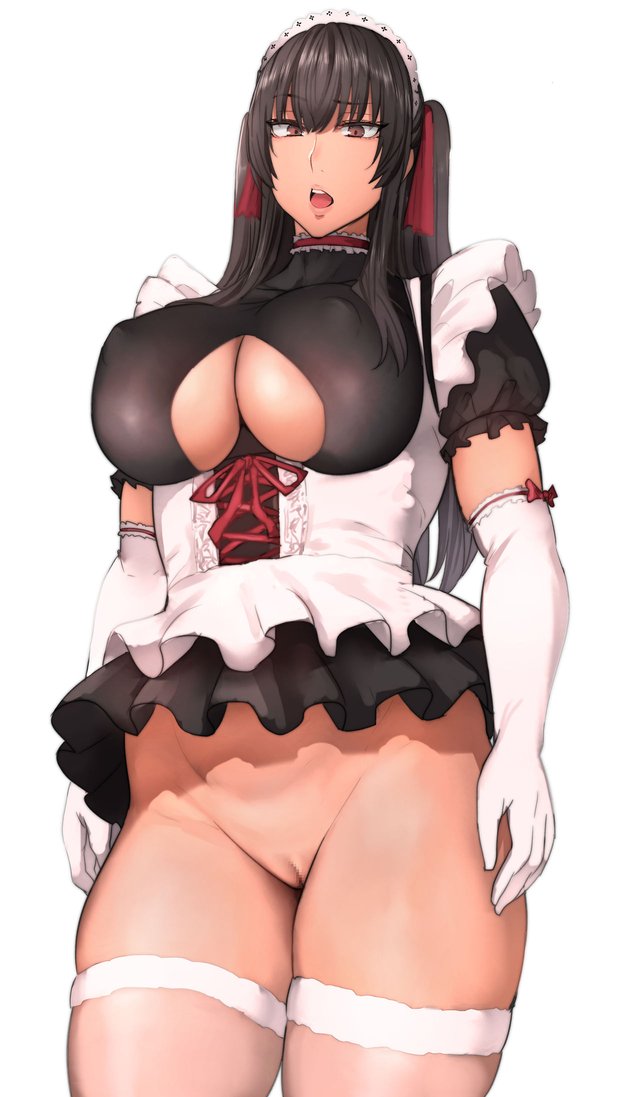 1girls 2020 black_dress black_hair bottomless bottomless_skirt breasts brown_eyes censored corset dress elbow_gloves eyebrows_visible_through_hair female female_only frilled_dress frills gloves highres large_breasts long_hair long_twintails looking_at_viewer maid maid_headdress maid_libe_(pepe_(jonasan)) maid_uniform microskirt miniskirt nipple_bulge no_panties open_mouth original pepe_(jonasan) pussy revealing_clothes short_dress simple_background skindentation skirt solo speech_bubble standing tagme teeth thick_thighs thighhighs thighs tied_hair tight_clothing tongue twintails underboob underboob_cutout uniform upskirt white_background white_gloves