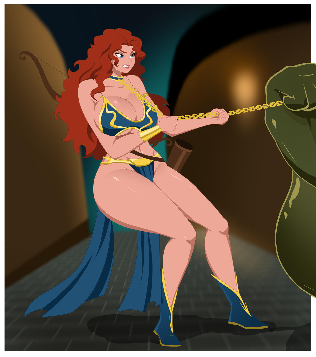 belly_dancer belly_dancer_outfit boots bow_(weapon) bracelet brave chain_leash chained chains cleavage disney disney_princess enslaved_royal ghostlessm green_eyes harem_girl harem_outfit huge_breasts jabba's_palace jabba_the_hutt leash_pull loincloth long_hair merida orange_hair pixar slave slave_bikini slave_collar slave_leia_(cosplay) slave_outfit slavegirl star_wars thick_thighs voluptuous