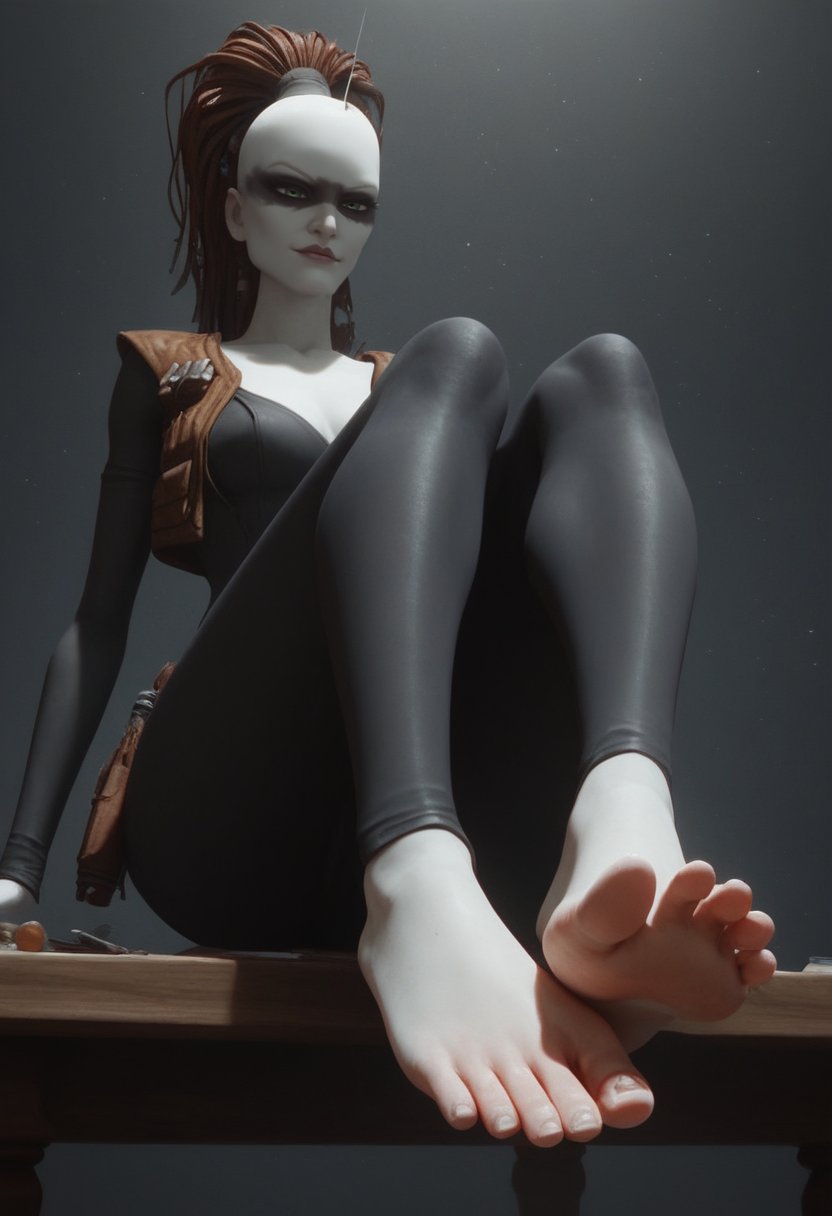 ai_generated aurra_sing black_background bodystocking bodysuit bounty_hunter braided_hair brown_hair clone_wars dreadlocks duchess_eugene feet feet_fetish feet_focus foot_fetish foot_focus long_hair soles stable_diffusion star_wars tagme toes vest white_skin