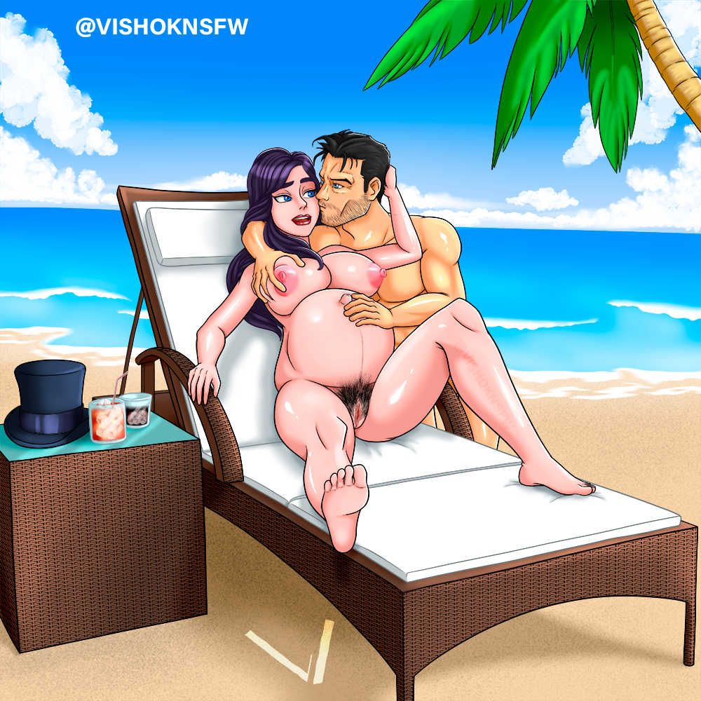 batman batman_(series) beach bruce_wayne dc dc_comics doggy_style_position fingering fingers nude_female nude_male pregnant pregnant_belly pregnant_female resting top_hat vishoknsfw zatanna zatanna_zatara