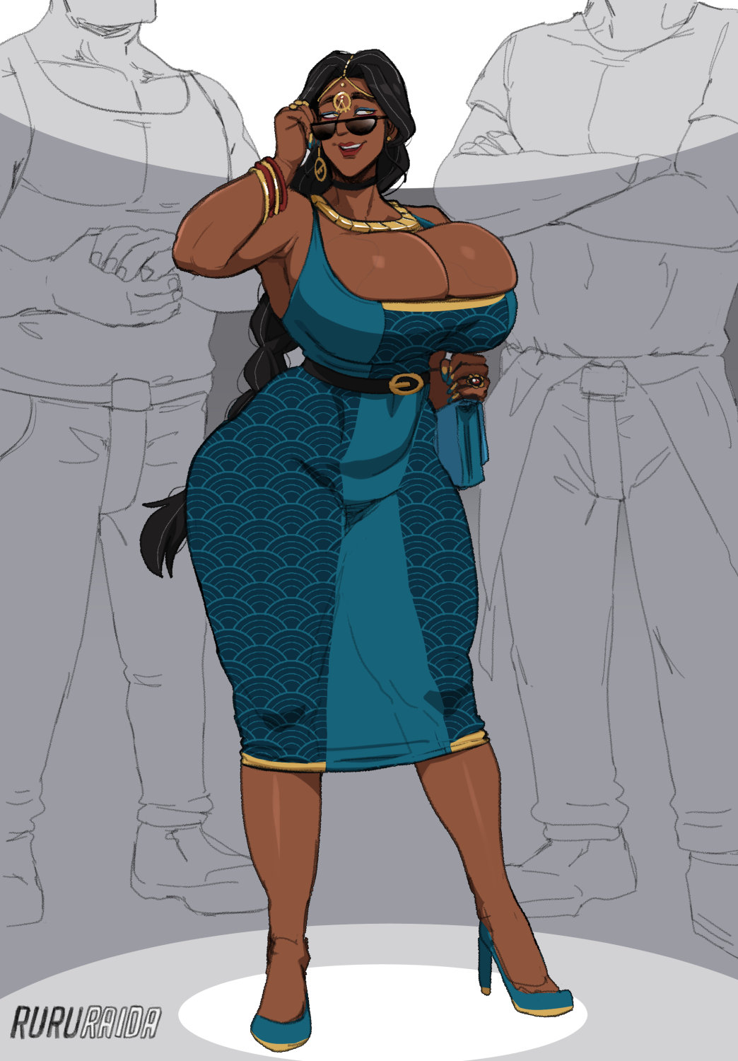 bindi_mom_(ruru-raida) black_skin child_bearing_hips fancy_clothing high_heels huge_breasts indian indian_female lipstick ruru-raida sunglasses unseen_male_face venus_body very_long_hair