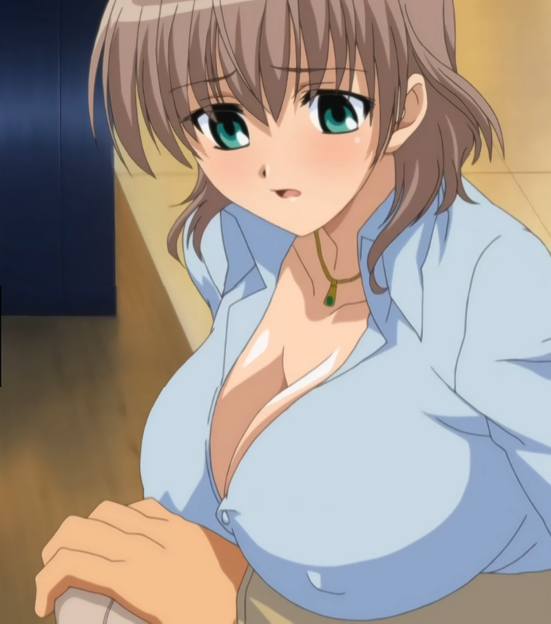 1girls blue_clothing blush breasts brown_hair cleavage clothed_female hand_on_breast huge_breasts mouse necklace nipples_visible_through_clothing oppai_life stitched yukishiro_ayane