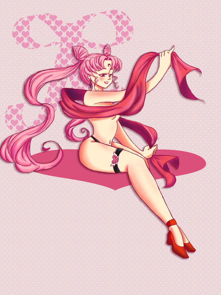 1girls bishoujo_senshi_sailor_moon black_lady black_moon breasts chibi_usa dark_persona earrings female forehead_mark garter half-closed_eyes high_heels large_breasts legs long_hair naked_footwear naked_heels nude pink_hair pinup pose red_eyes red_heels scarf seepyhead small_breasts solo thighs topless twintails villainess