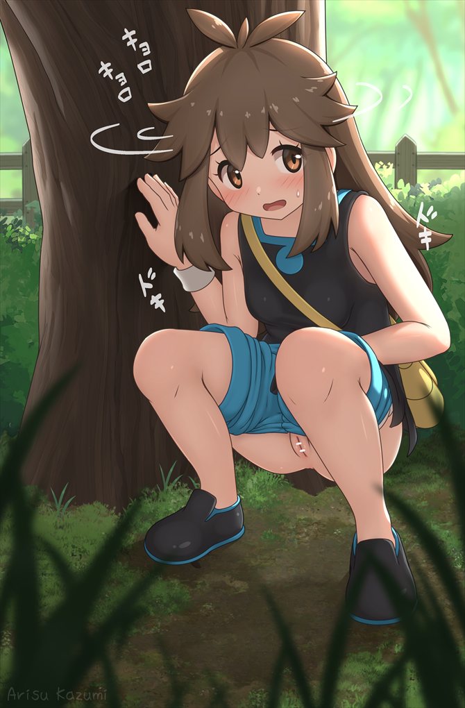 1girls arisu_kazumi bar_censor black_footwear black_shirt blue_shorts brown_eyes brown_hair censored cleft_of_venus clothes_pull female green_(pokemon) have_to_pee imminent_peeing leaning_on_tree long_hair looking_around outdoors pokemon pussy shirt shorts shorts_pull sleeveless sleeveless_shirt solo squatting tree