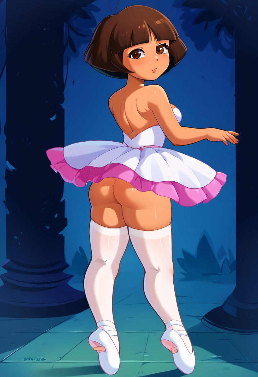 ai_generated alternate_version_available ass ballerina brown_hair civitai dark-skinned_female dora_marquez dora_the_explorer female_focus landidzu_(style) nickelodeon no_panties short_hair tutu white_legwear younger_female