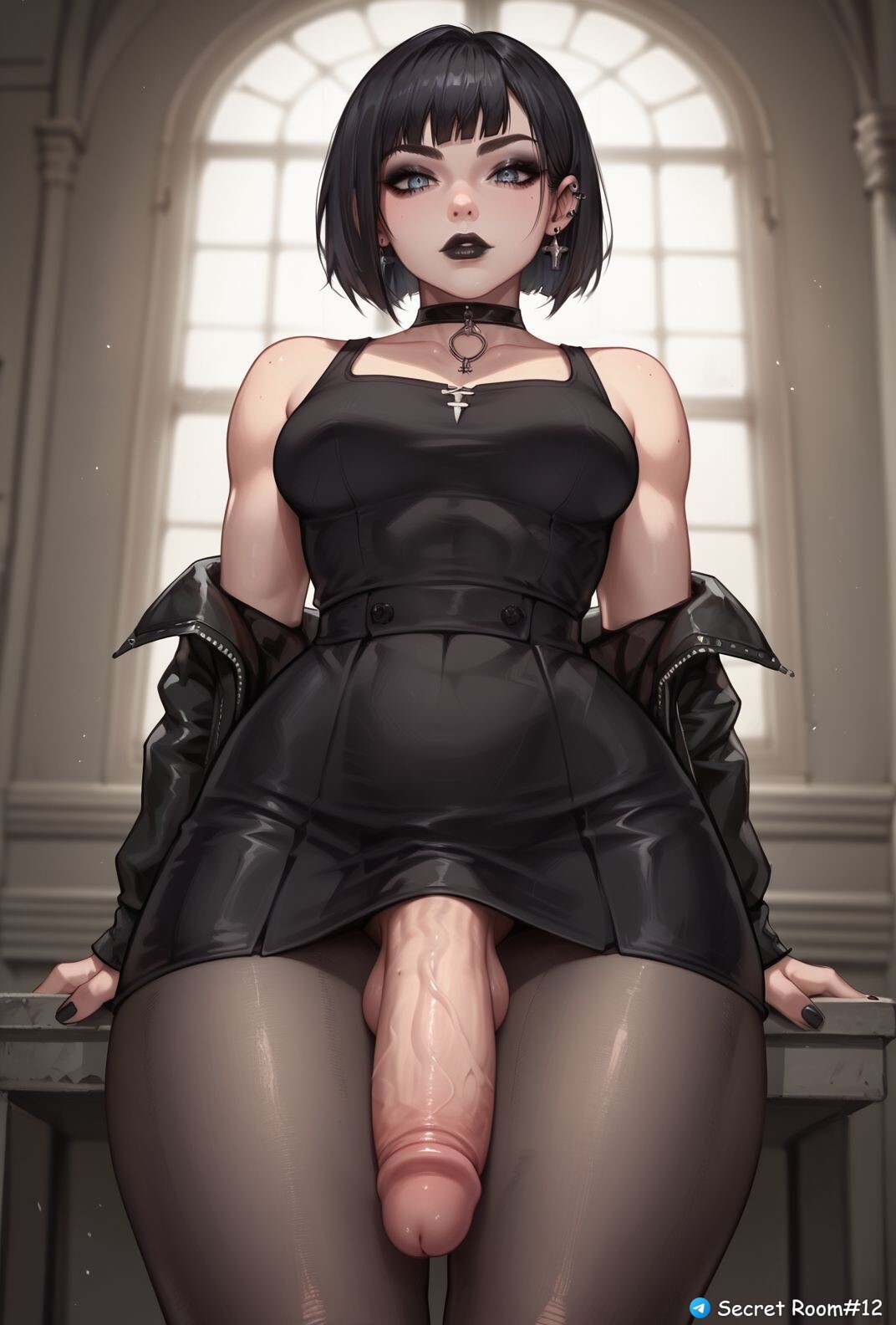 ai generated, big hips, black hair, black lipstick, choker, female, futa only, futanari, goth, goth futa, goth girl, gothic, intersex, original character, pantyhose, penis, secret room12, short hair, stable diffusion, standing