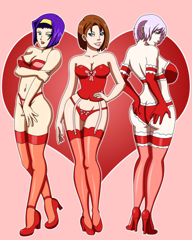 3girls backboob blue_eyes bra breasts brown_hair bustier cleavage cowboy_bebop crossover faye_valentine female female_only full_body g-string hairband high_heels human isabella_valentine jill_valentine jill_valentine_(julia_voth) large_breasts light-skinned_female light_skin lingerie medium_breasts multiple_girls name_connection pale-skinned_female pale_skin panties pervyangel purple_hair red_heels red_high_heels red_lingerie red_stockings resident_evil short_hair silver_hair soul_calibur stockings thong trio valentine's_day valentine's_day_lingerie