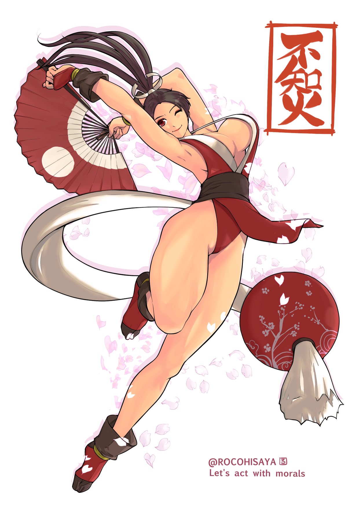 1girls ;) armpits arms_up bangs bare_shoulders breasts brown_eyes brown_hair cleavage closed_mouth clothing fan fatal_fury female female_only folding_fan hand_fan high_ponytail holding holding_fan king_of_fighters large_breasts leg_up long_hair looking_at_viewer mai_shiranui ninja one_eye_closed pelvic_curtain ponytail revealing_clothes rocohisaya rope sleeveless smile solo tabi thighs tied_hair traditional_clothes wafuku