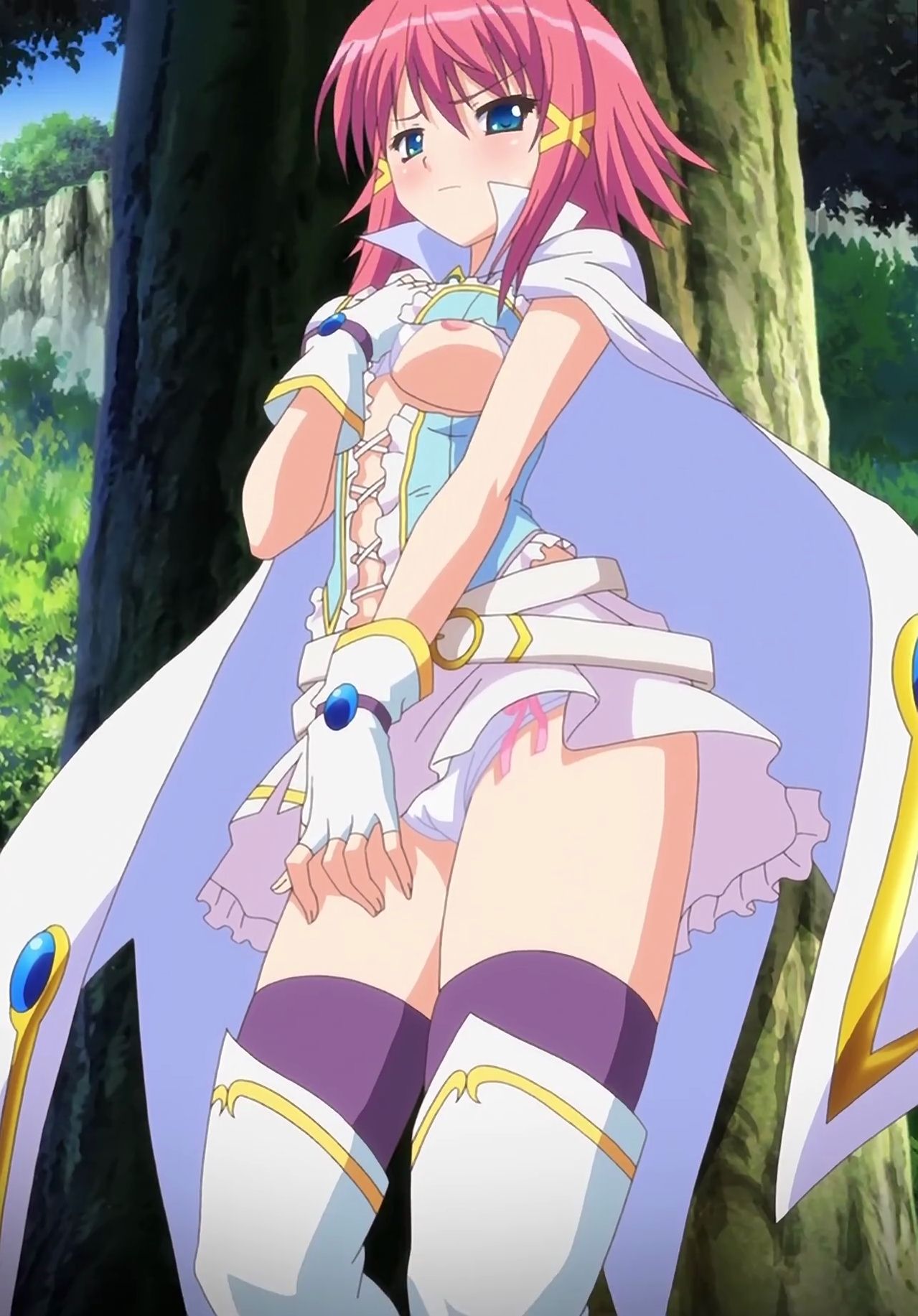 blue_eyes cape looking_at_viewer mitsurugi_asuka panties pink_hair poro screencap screenshot short_hair thigh_boots tree wizard_girl_ambitious