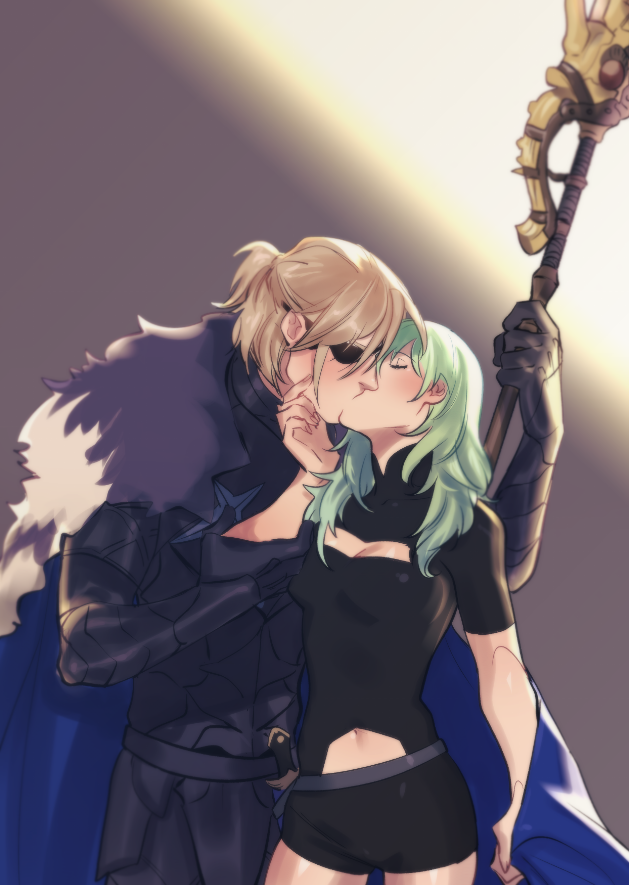 1boy 1girls 2girls armor bangs black_armor black_cape black_shirt black_shorts blonde_hair blue_cape blush breasts byleth_(female)_(fire_emblem) byleth_(fire_emblem) byleth_(fire_emblem)_(female) cape cleavage cleavage_cutout clothing clothing_cutout couple dimitri_alexandre_blaiddyd eyepatch female fire_emblem fire_emblem:_fuukasetsugetsu fire_emblem:_three_houses fur_trim gauntlets gloves green_hair hair_between_eyes holding holding_weapon kissing kukumomo long_hair medium_breasts medium_hair midriff multiple_girls navel navel_cutout polearm ponytail shirt short_hair short_shorts short_sleeves shorts sidelocks standing straight sword tied_hair weapon yuri