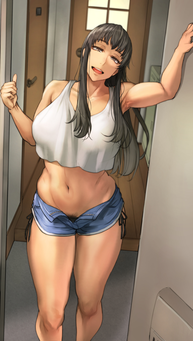 1girls clothing crop_top denim_shorts door female female_only imminent_sex looking_at_viewer navel original paizuri pepe_(jonasan) pubic_hair pubic_hair_peek shorts solo tomboy wholesome