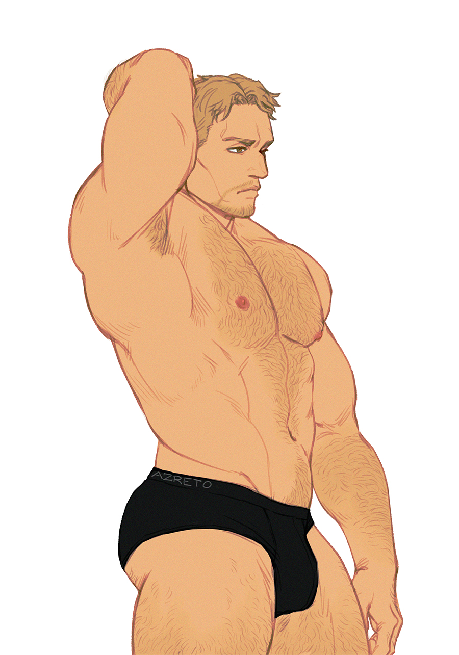 1boy abs amber_eyes armpit_hair attack_on_titan azreto bara beard_stubble biceps black_briefs black_underwear blonde_hair body_hair briefs briefs_only bulge chest_hair facial_hair hairy hairy_armpits hairy_arms hairy_ass hairy_chest hairy_male hairy_stomach hairy_thighs happy_trail human human_only light-skinned_male light_skin male male_chest male_focus male_nipples male_only mature mature_male muscle muscles muscular muscular_male nipples pecs pink_nipples pose posing pubic_hair reiner_braun shingeki_no_kyojin simple_background solo solo_focus solo_male standing underwear underwear_only white_background