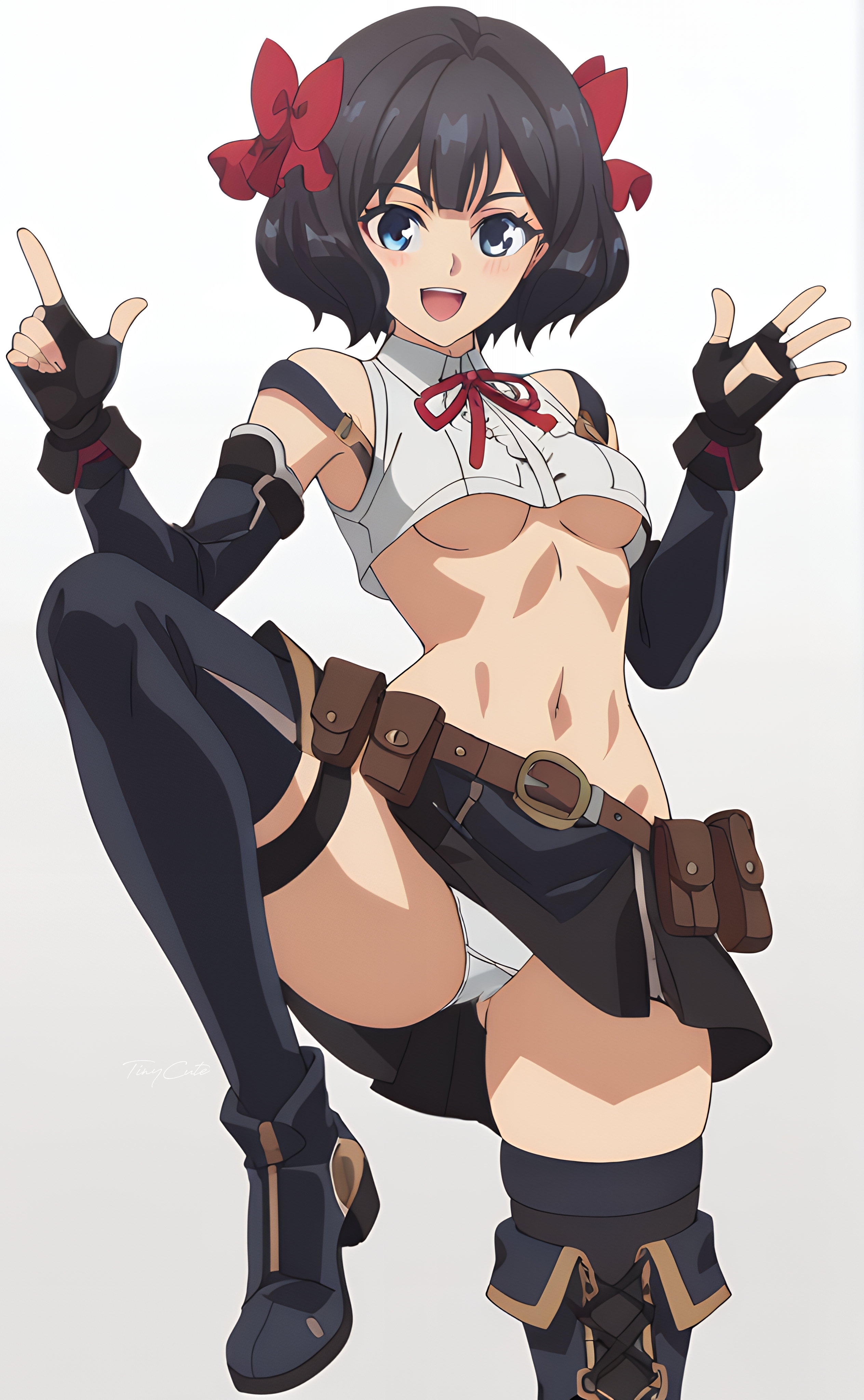 1girls, ai generated, black hair, blue eyes, breasts, female, leg up, looking at viewer, medium breasts, nageki no bourei wa intai shitai, no nudity, no penetration, one leg up, panties, ribbon, ribbon in hair, sayuri ai, thick thighs, thighs, tino shade, white panties