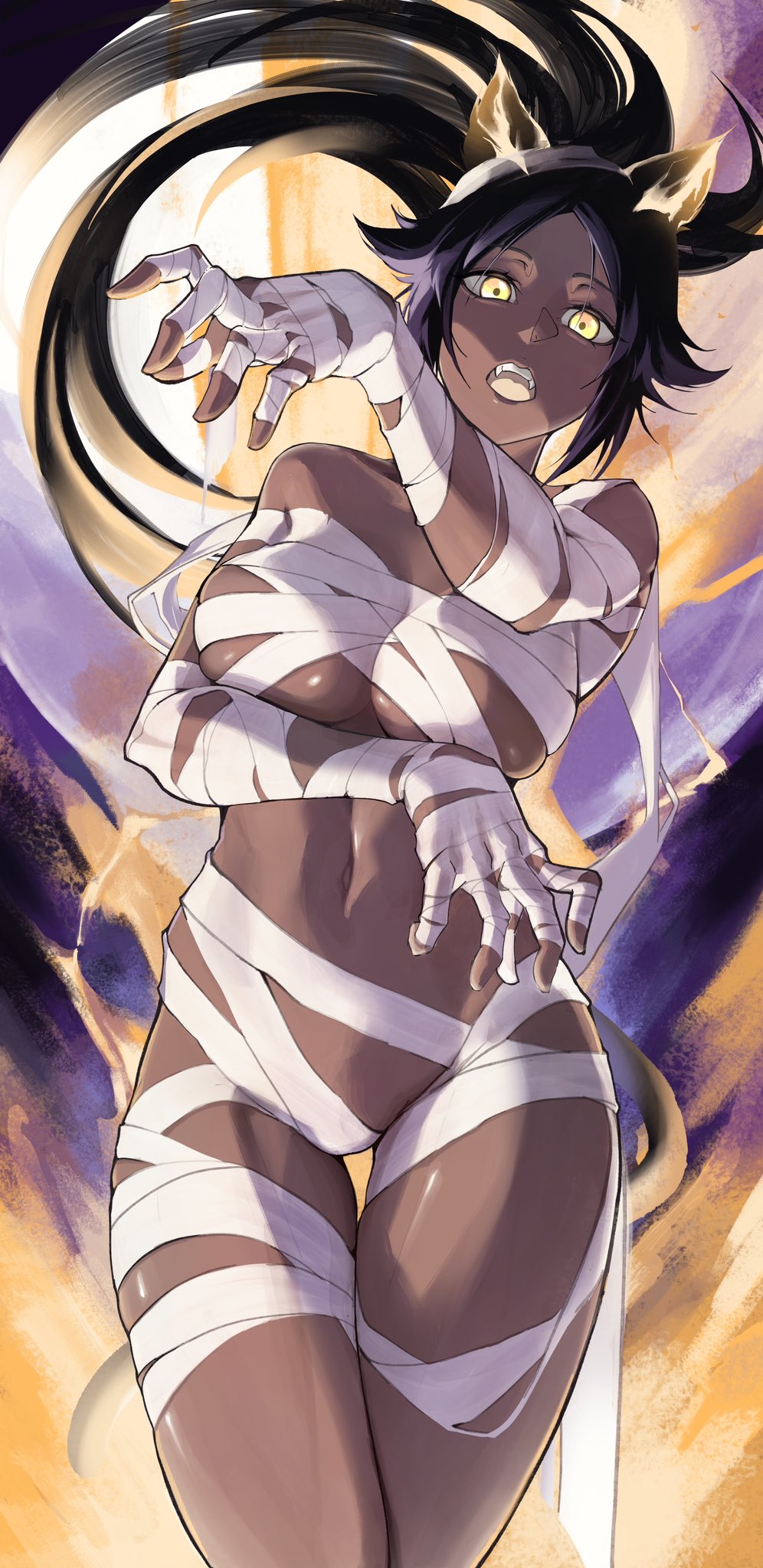 bleach bleach:_the_thousand-year_blood_war cat_ears dark-skinned_female fangs functionally_nude halloween hourglass_figure mummy mummy_wrappings shihouin_yoruichi tagme