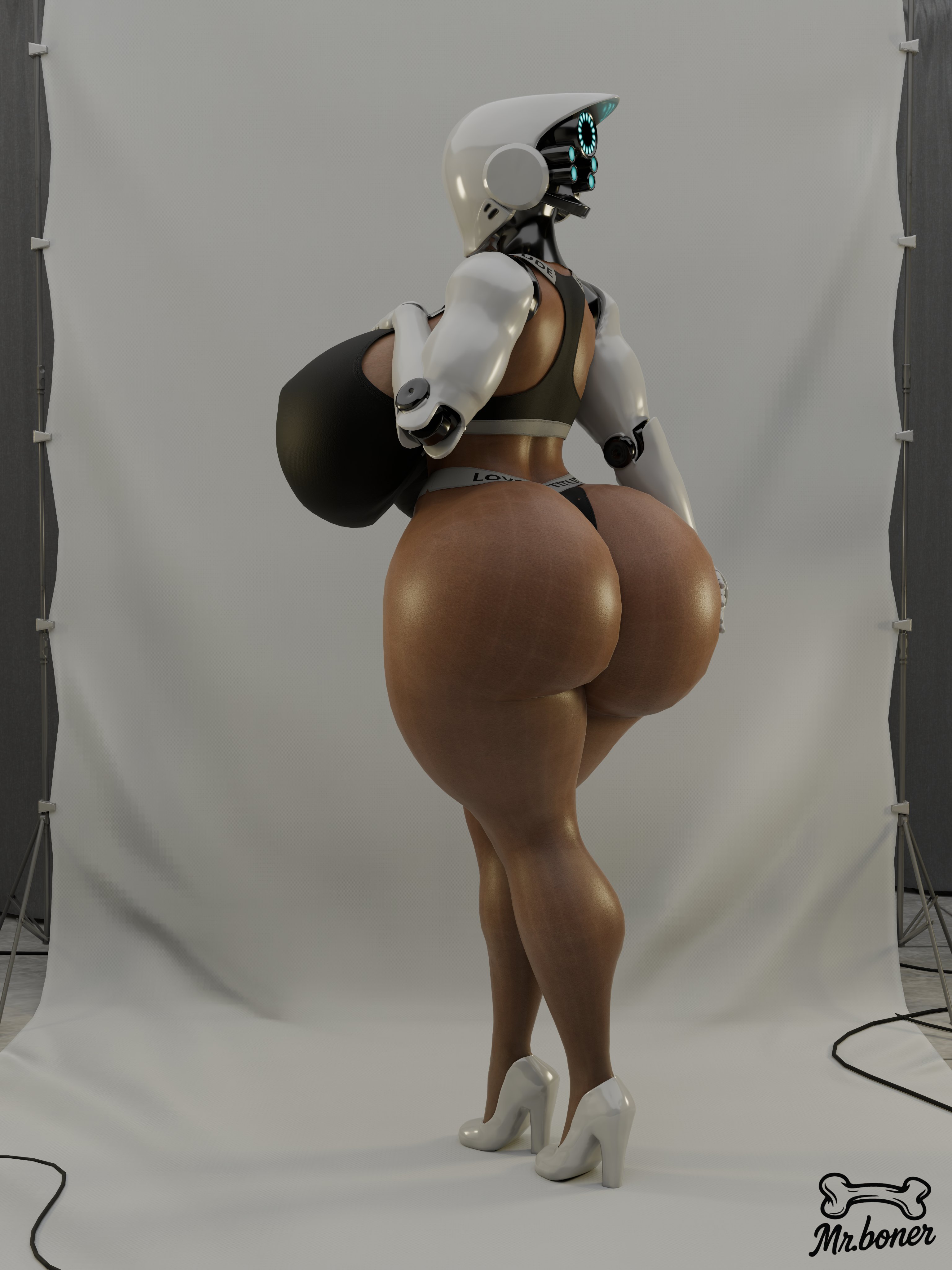 3d, 3d (artwork), 3d model, android, ass, ass bigger than head, big ass, big breasts, black tank top, black thong, breasts, enormous ass, faceless character, hand on ass, haydee, haydee (game), helmet, high heels, huge ass, mr.boner, robot, robot girl, robotic arm, standing, tank top, thong, white helmet, white high heels