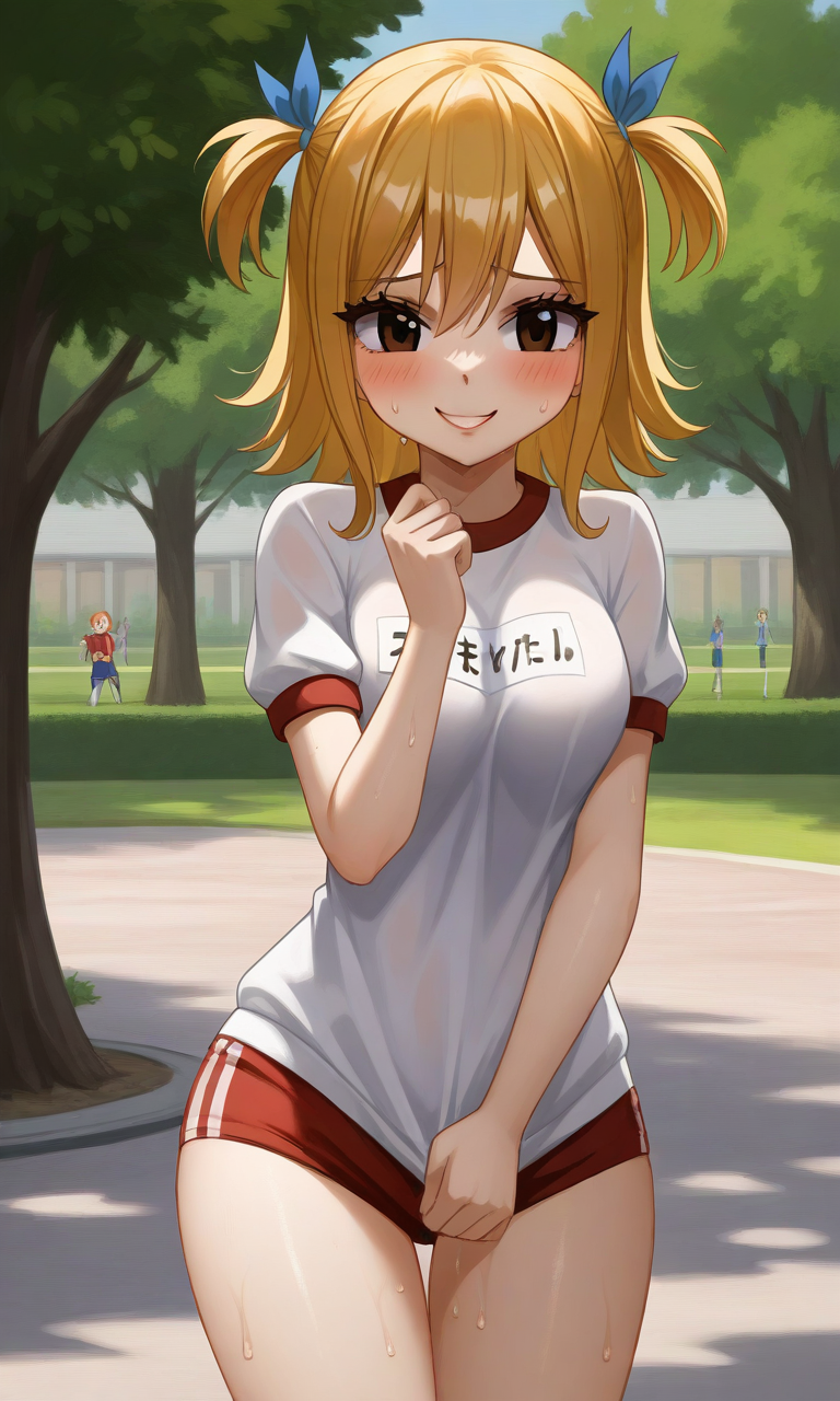 1girls ai_generated blonde_hair blush clothed fairy_tail gym_uniform lucy_heartfilia park short_hair smile